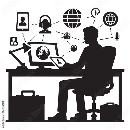 Silhouette of person remote working  ,  vector black color  , solide white colour background 