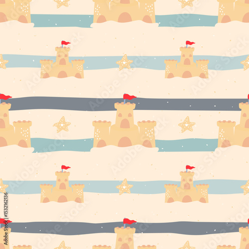 Vector Seamless kawaii pattern with beach sandcastles, pails, and ocean waves in a pastel summer setting. Perfect for kids clothing, wrapping paper, textile