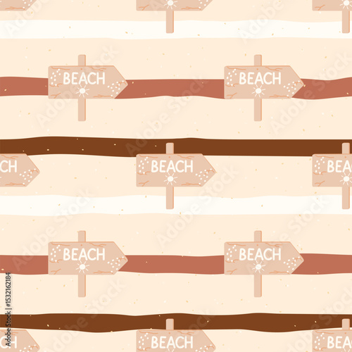Seamless vector pattern with cute hand-drawn beach elements: shells, flip flops, ocean waves in pastel colors. Perfect for summer textiles, kids clothing, wrapping paper, and wallpaper