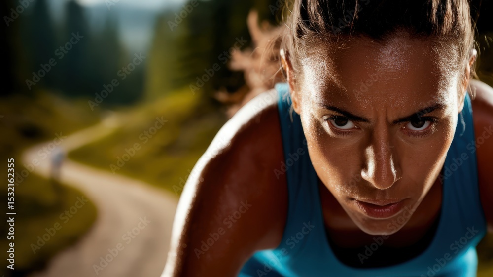 Female athlete running on a road in the forest, determined expression. Female athlete running on a road in the forest, determined expression.