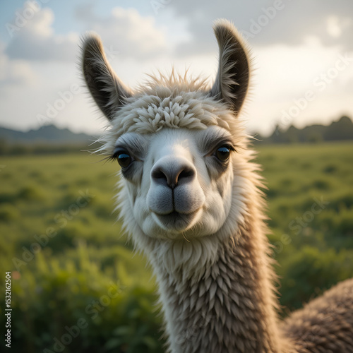 Close-up of a llama standing in a green field