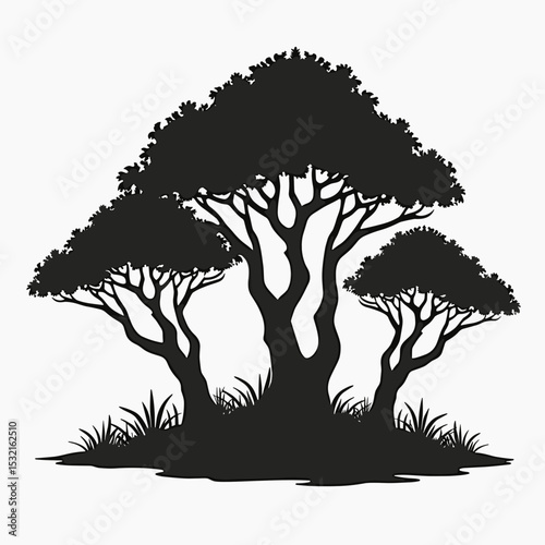 Silhouette of three trees with grass in a minimalist design  