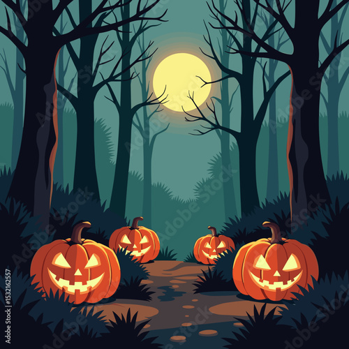 Spooky forest path with glowing jack-o'-lanterns under full moon  