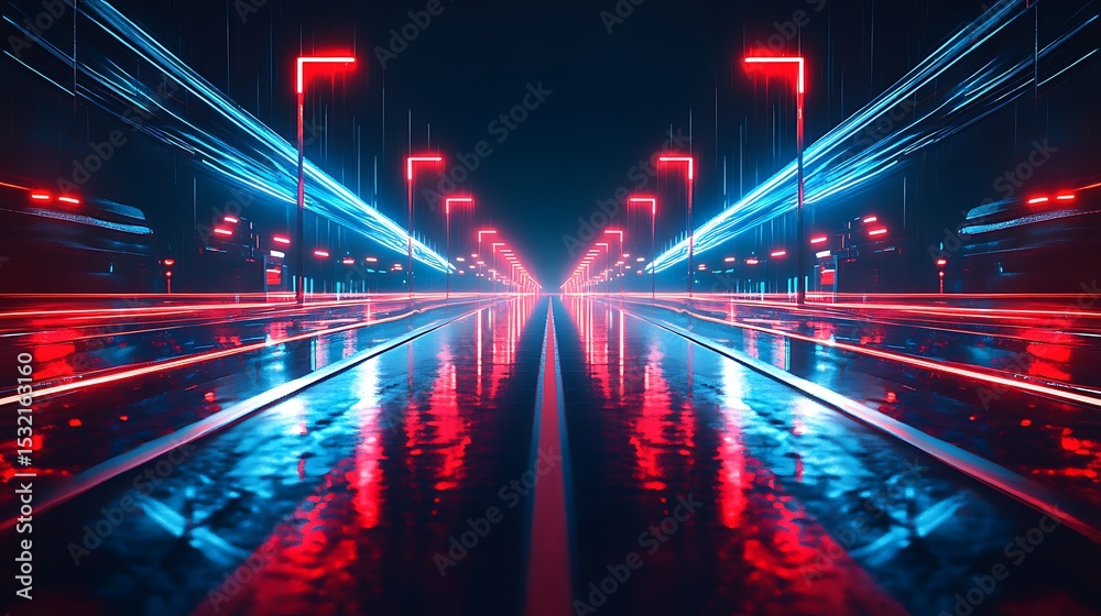 Fototapeta premium Futuristic Cityscape Neon Lights Reflecting on Wet Road at Night