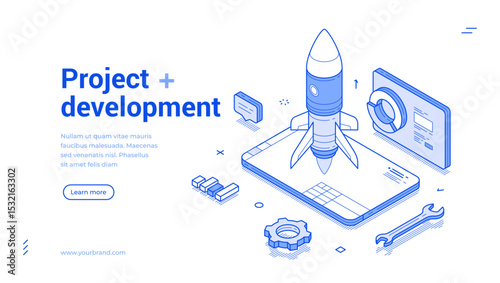 Project development in a modern isometric style featuring a rocket ready for launch, gears, and technology icons, conveying innovation and forward-thinking progress
