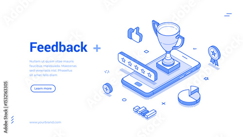 Digital feedback system featuring a trophy on a smartphone. It emphasizes user satisfaction through ratings and social interactions, showcasing modern vector art. Isometric line banner template