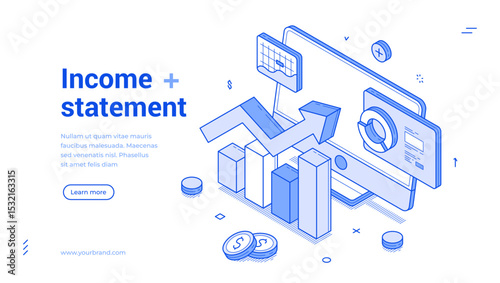 Modern banner template Income statement showcasing isometric line icons, graphs, and modern design features. Emphasizes financial data analysis, highlighting trends and metrics effectively.