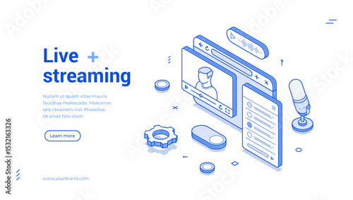 Isometric line banner showcases live streaming elements like video screens, a microphone, and various controls. It is designed in a modern style with clear outlines and interactive icons.
