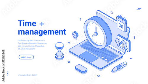 Isometric line banner showcases various elements of time management, including a clock, laptop, calendar, hourglass, and charts. It highlights essential tools for optimizing productivity.