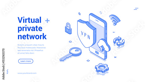 Isometric line banner depicts a VPN concept with a smartphone, shield, key, and connection symbols, highlighting security and internet privacy in a sleek design.