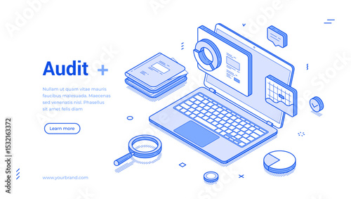 Stylish isometric line banner template showcases an audit process involving a laptop, charts, and files. Modern template highlights essential analytics tools for effective assessment practices.