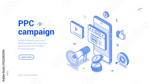 Isometric line banner showcases essential elements of a PPC campaign, featuring a smartphone displaying ads, a megaphone, social media icons, and currency symbols.