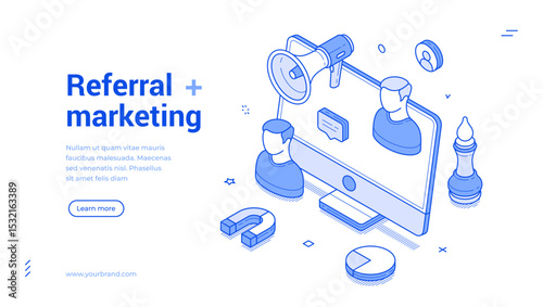 Isometric line banner illustrating referral marketing concepts. It includes characters, a megaphone, and icons associated with digital strategy.