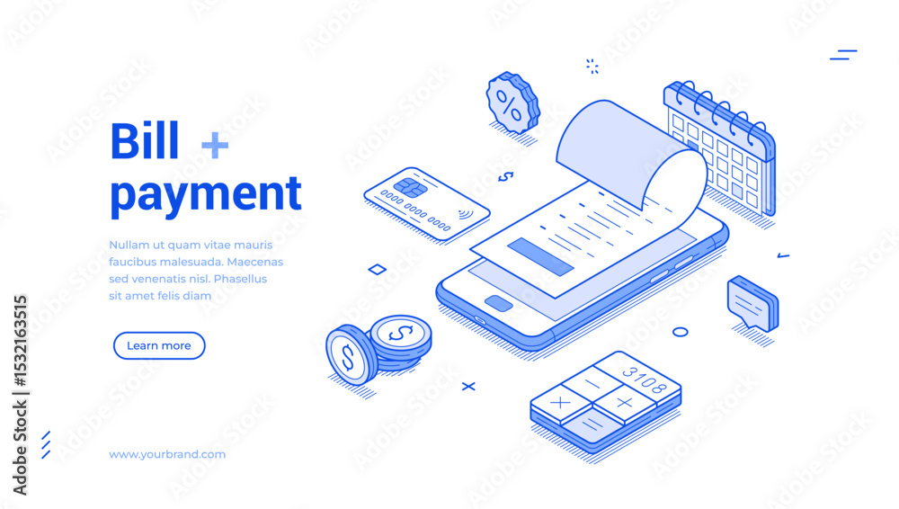 Isometric line illustration emphasizing the bill payment process. Features include a smartphone, receipt, calendar, and various payment tools in a sleek layout.