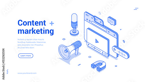 Illustration showcases modern isometric line design elements focused on content marketing. Features icons like microphones, speakers, and multimedia symbols to convey promotional strategies.