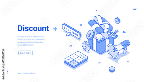 Isometric line banner showcases a variety of shopping elements including a gift box, calculator, and loudspeaker to illustrate ongoing discount promotions. It invites viewers to explore more.