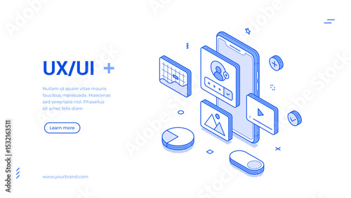 Creative illustration features isometric line art elements related to UX UI design. It highlights various digital icons and functionalities, promoting user interaction in a modern web environment.