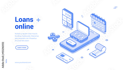 Isometric illustration featuring an online loan process. Design includes a smartphone, calculator, cash, and calendar, symbolizing easy access to loan services.