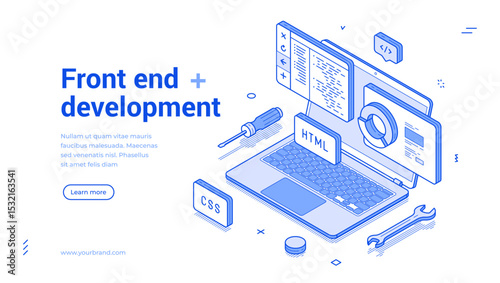 Isometric illustration depicts front-end development with a laptop, coding symbols, and tools, showcasing the significance of web development in todays tech landscape.