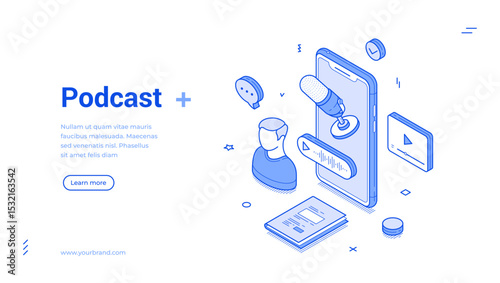 Isometric line art banner features vibrant podcast elements, including a microphone, audio waveforms, and visual representations of a listener.