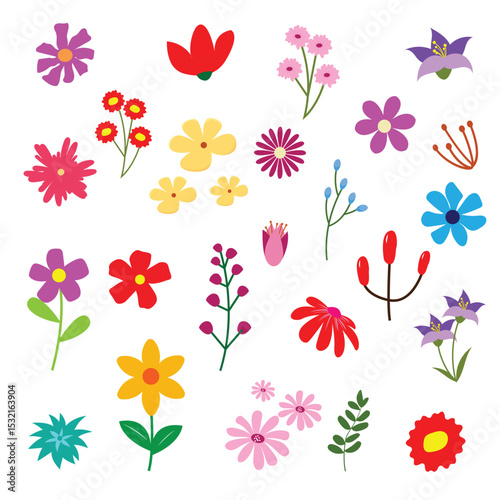 Collection colorful flower clip art elements vector. Flower spring drawing clipart set. Hand drawn blossom illustration collection,  Set floral of wildflower, leaf branch,or decor, easter, sticker