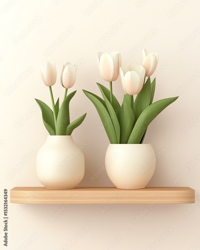 Obraz premium Elegant tulips in minimalist vases on shelf.