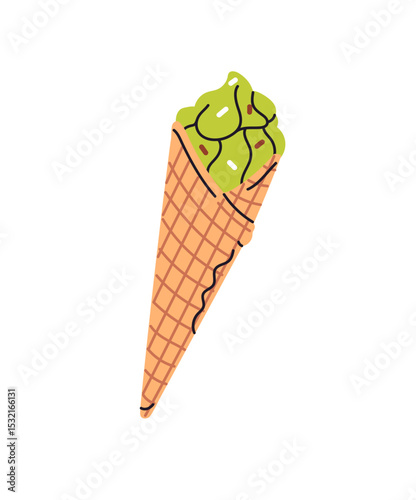 Icon of ice cream in waffle cone. Ball of pistachio flavor sorbet in wafer. Appetizing icecream, frozen milk dessert, cold summer snack, food. Flat isolated vector illustration on white background