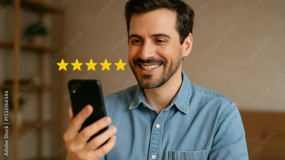 Happy Customer Giving 5-Star Review on Mobile Phone
