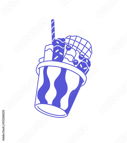 Ball of gelato ice cream in cup. Icon of decorated sorbet with waffle. Icecream with wafer, berries. Sundae, frozen milk dessert, cold summer food. Flat isolated outline vector illustration on white