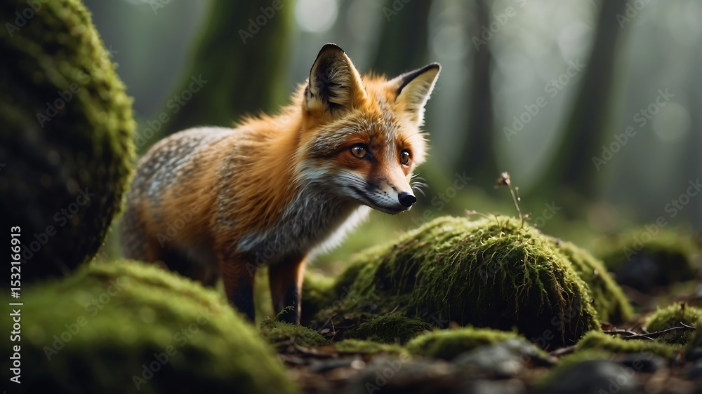 Naklejka premium Red Fox in Mossy Forest A Stunning Wildlife Photograph
