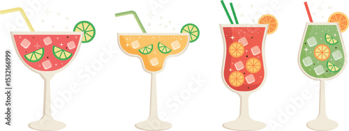 Summer cocktails set. Glasses of summer refreshing drink with ice and lime slices on the white background.