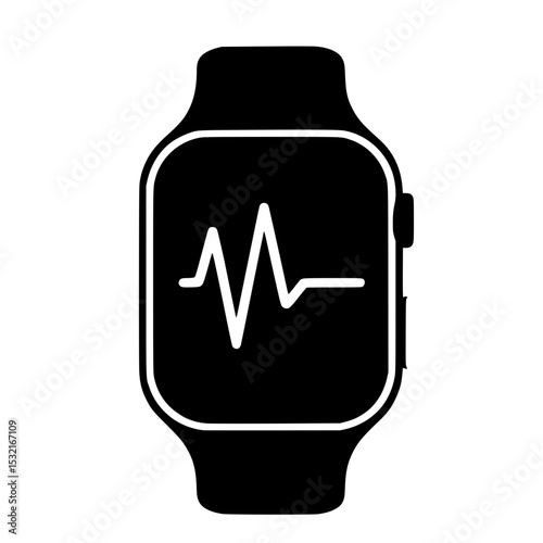 Smartwatch with Heartbeat Monitor Icon, Black and white icon of a smartwatch displaying a heartbeat line, symbolizing health tracking and fitness technology.

