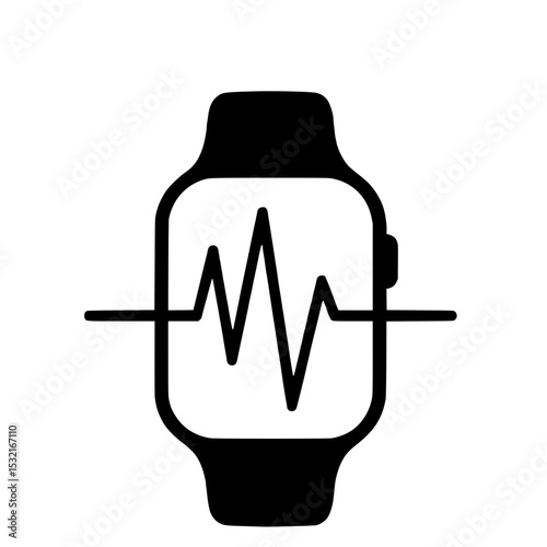 Smartwatch with Heartbeat Monitor Icon, Black and white icon of a smartwatch displaying a heartbeat line, symbolizing health tracking and fitness technology.

