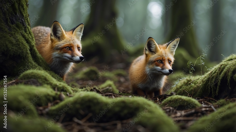 Naklejka premium Red Foxes in Mossy Forest A Stunning Wildlife Encounter