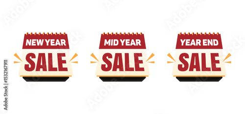 Seasonal Sale Icons – New Year, Mid Year, and Year End Discount Labels in Calendar Style