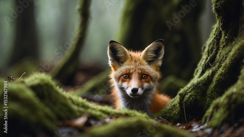 A cunning red fox peeks out from behind a mossy log in a dense, enchanting forest, capturing the fox's curiosity in a vivid portrait.