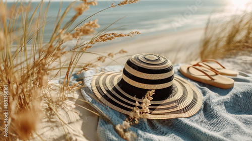 Beach Sun Hat and Flip Flops on Towel Near Ocean in Sunset Light