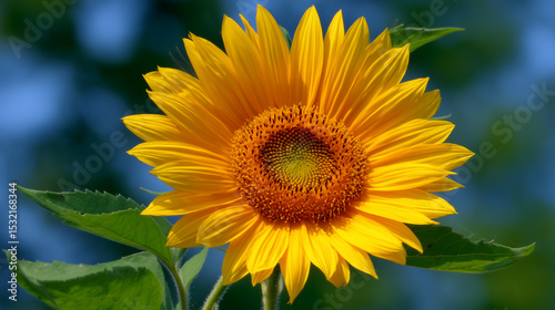 Bright Yellow Sunflower with Green Leaves in Clear Blue Sky