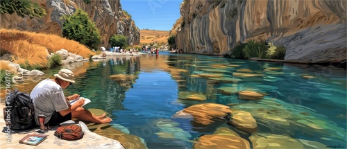 Artist Painting Serene Canyon River Landscape Tranquil Nature Scene