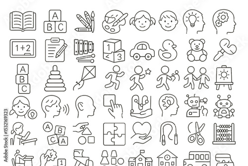 Set of line icons related to children education, child development, kids activity, early learning, child skills, school, kindergarten, Editable stroke