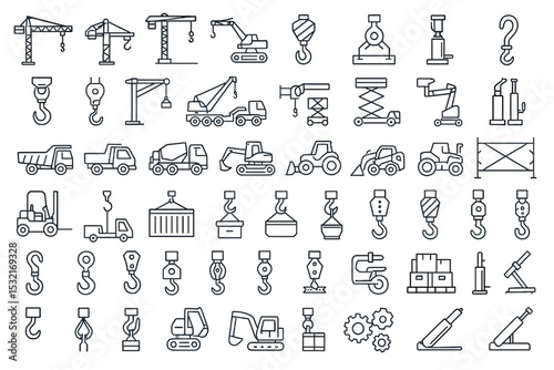 Set of line icons related to crane, lift, hoist, hydraulic, machinery, hook, construction, vehicle, tractor, scaffold, logistic, Editable stroke