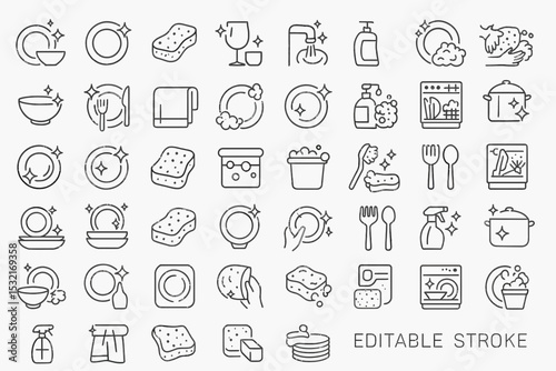 Set of line icons related to dish wash, clean dishes, hygiene, plate, sponge, dishware, tap, foam, household, detergent, dishwasher, Editable stroke