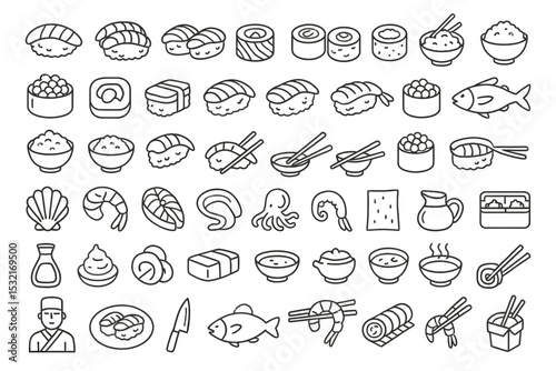 Set of line icons related to sushi, seafood, chopsticks, rice, nori, caviar, sushi roll, Editable stroke
