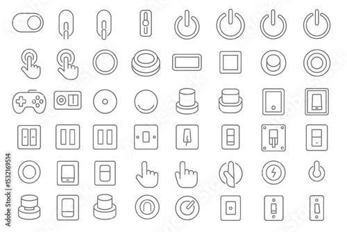 Set of line icons related to switch, on, off, power, push, press, controller, button, electric switch,
