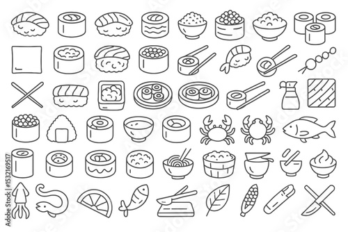 Set of line icons related to sushi, seafood, chopsticks, rice, nori, caviar, sushi roll, Editable stroke