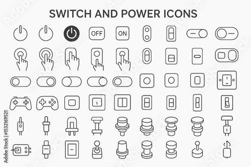 Set of line icons related to switch, on, off, power, push, press, controller, button, electric switch,