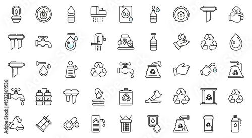 Set of line icons related to water treatment, filters, hydration, water resistance, sewage, recycle, faucet, pressure tank, Editable stroke
