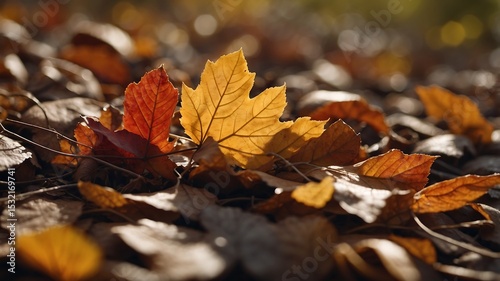 A close-up shot captures the vibrant hues of autumn leaves scattered across the ground. The golden yellow and rustic brown leaves create a tapestry of texture and color.
