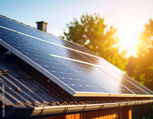 Harnessing Sunlight: Solar panels, positioned on a roof, convert sun's radiant energy into clean, sustainable power, representing green and eco-conscious energy