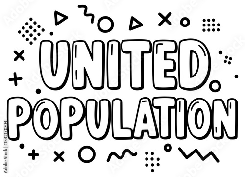 United Population graphic design featuring various shapes and a stylized font. Graphic design with a modern and contemporary aesthetic.
